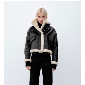 NEW W/ TAGS!  Zara Faux Leather Fleece Cropped Bomber Jacket, blk/ivory, size S